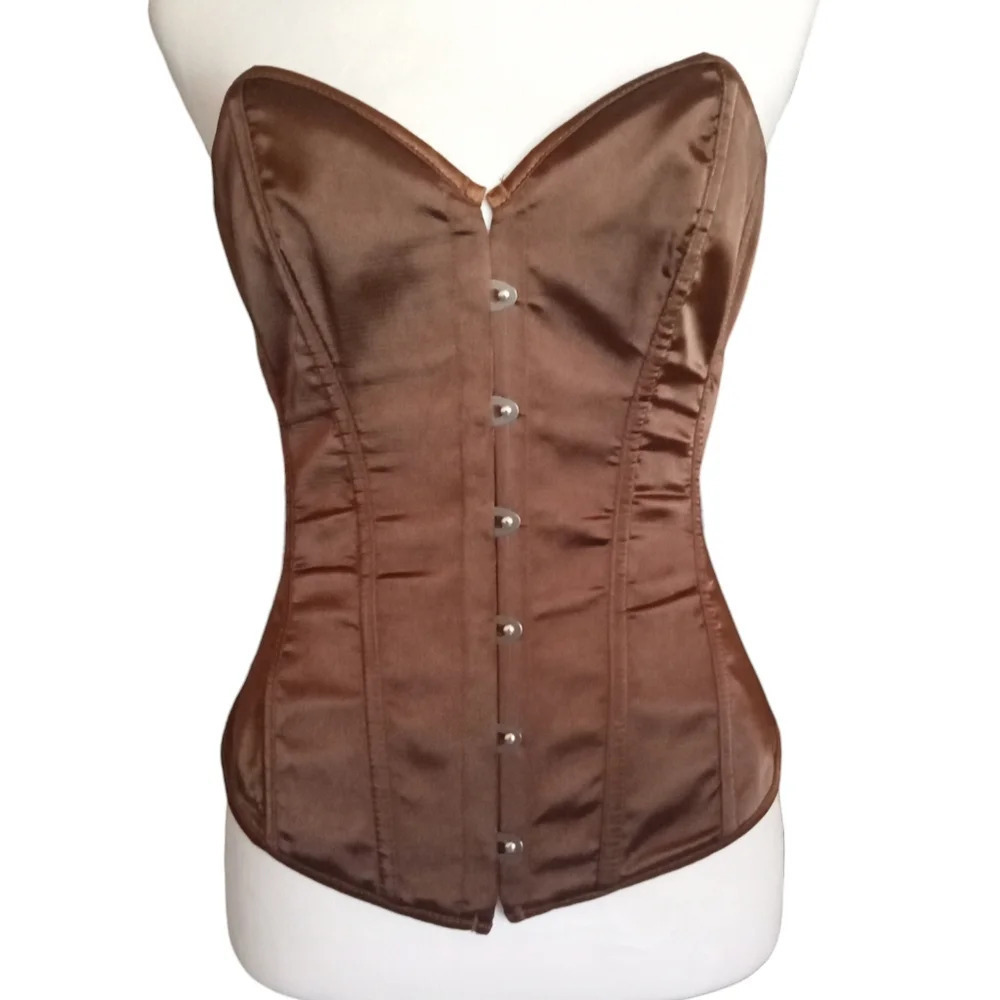 Unbranded Chocolate Brown Satin Metal Clasp Front Corset Top Size Medium